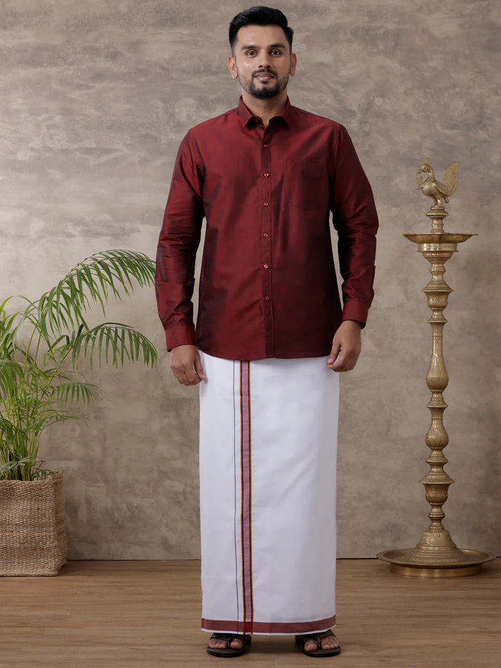 Men Matching Jari Border Dhoti & Full Sleeves Shirt Set Maroon