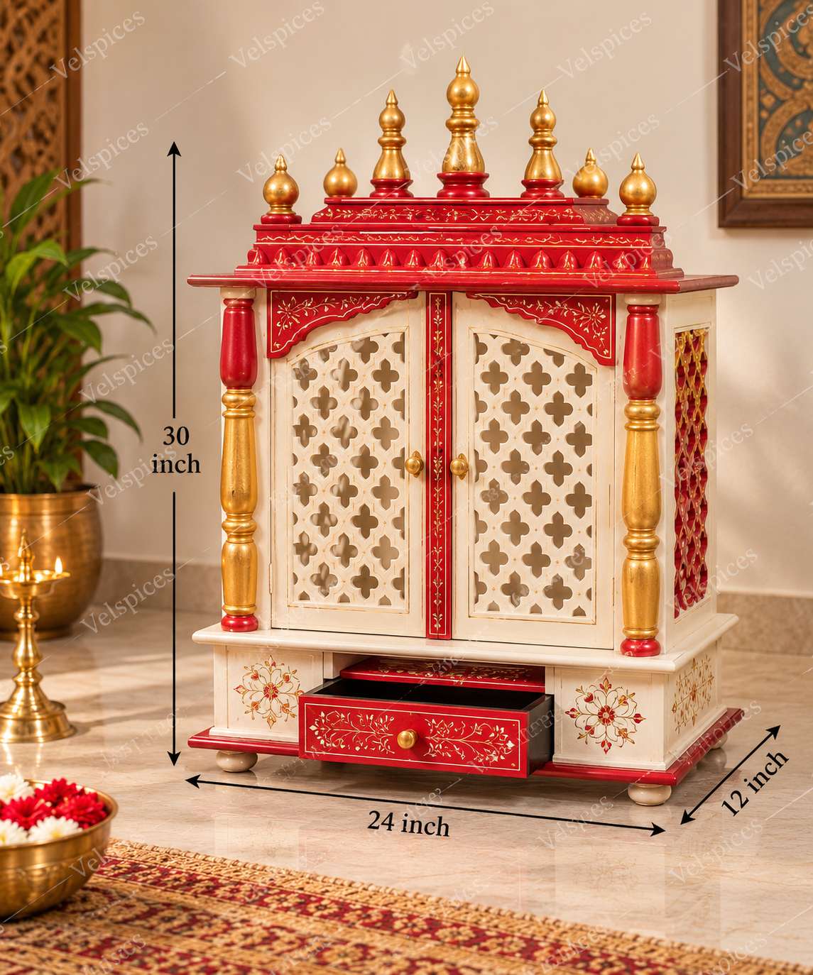Bhakti Temple AET18 Red & White MDF/Mango Wood Mandir 24 x 12 x 30 Inch