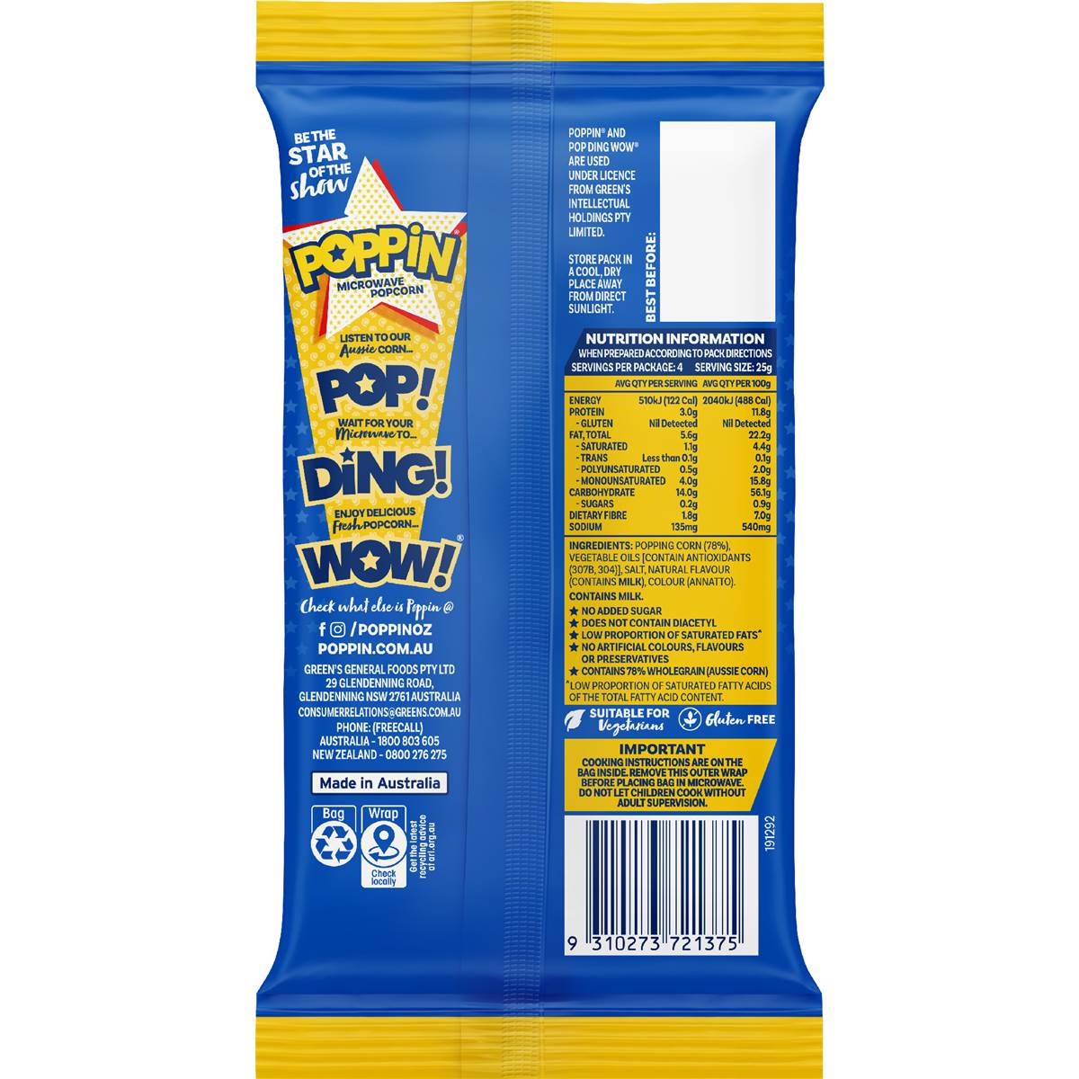 Poppin Microwave Popcorn Butter Flavour 100g