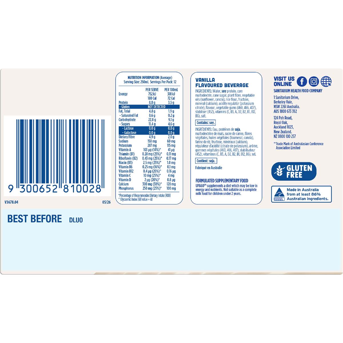 Up&Go Dairy Free Liquid Breakfast Vanilla Ice 250mL x 12 pack