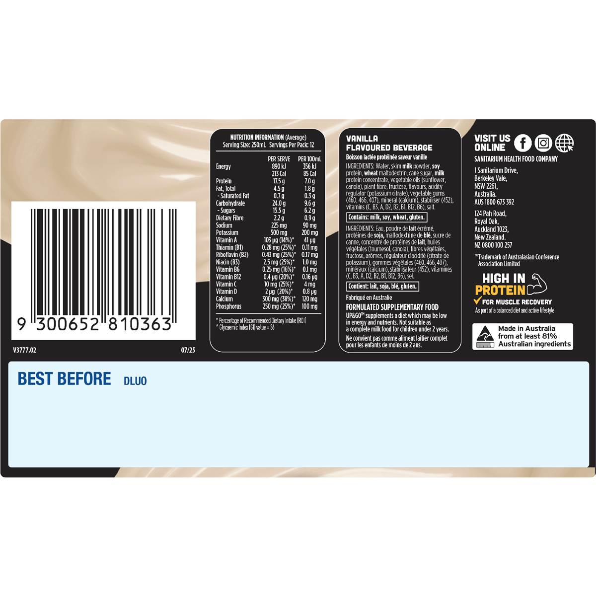 Up&Go Protein Energize Breakfast Liquid Vanilla 250mL x 12 pack
