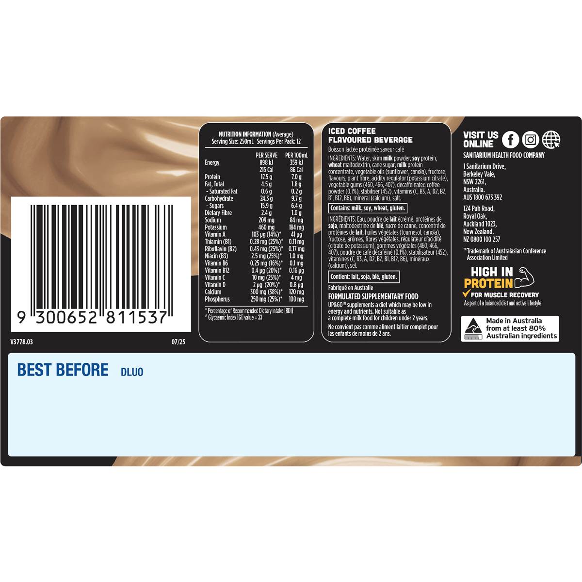 Up&Go Protein Energize Iced Coffee Flavour Breakfast Drink 250mL x 12 pack