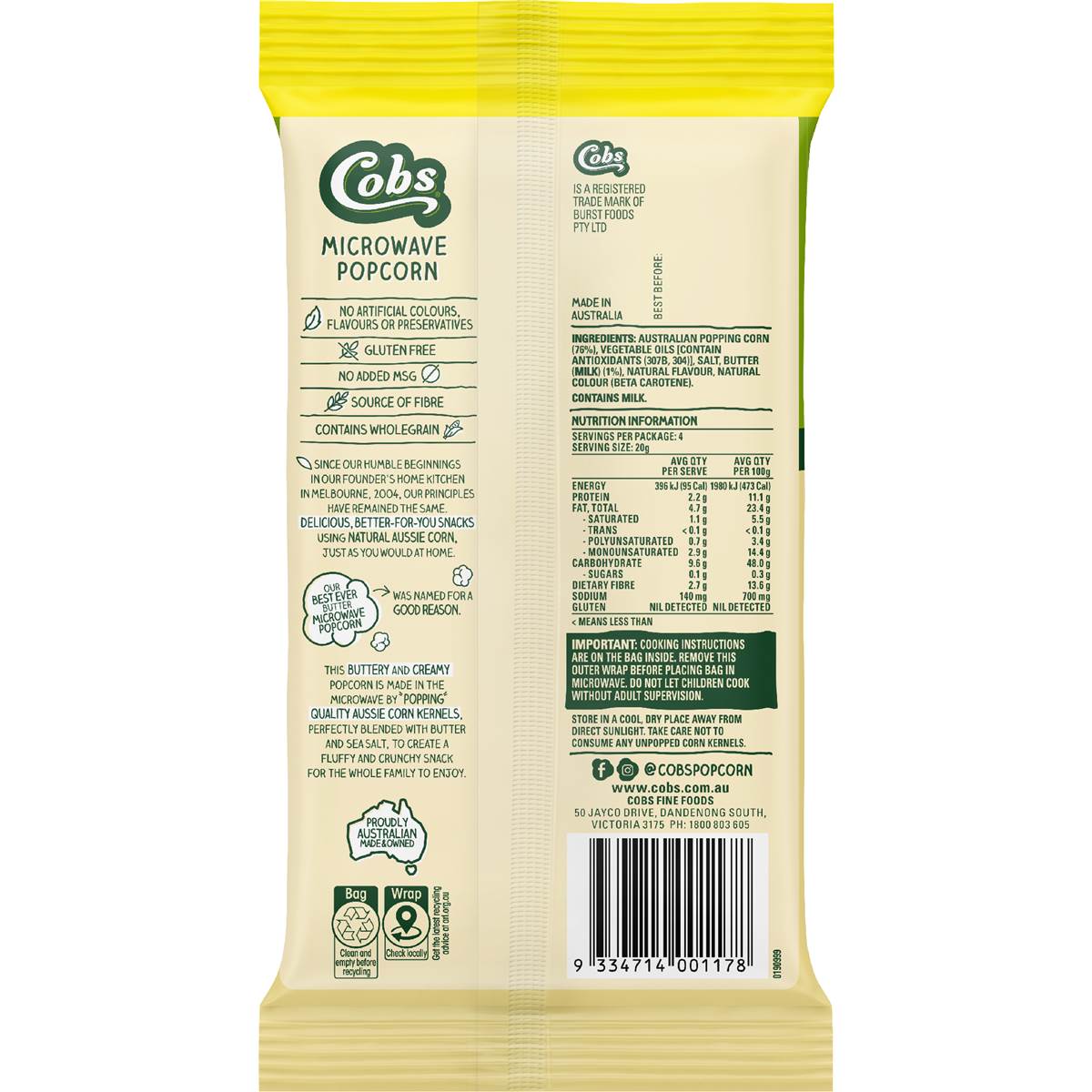 Cobs Microwave Pop Corn Best Ever Butter 85g