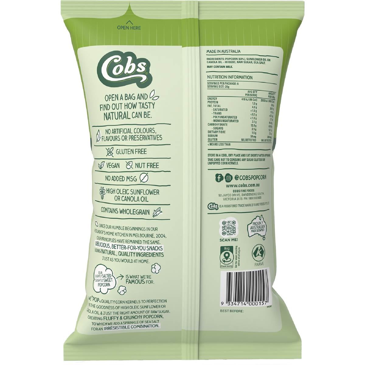 Cobs Natural Popcorn Lightly Salted Slightly Sweet 120g