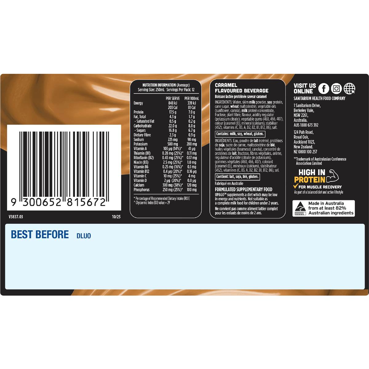Up&Go Protein Energize Liquid Breakfast Caramel 250mL x 12 pack