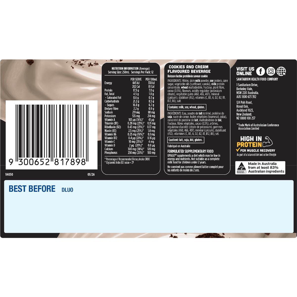Up&Go Protein Energize Liquid Breakfast Cookies & Cream 250mL x 12 pack