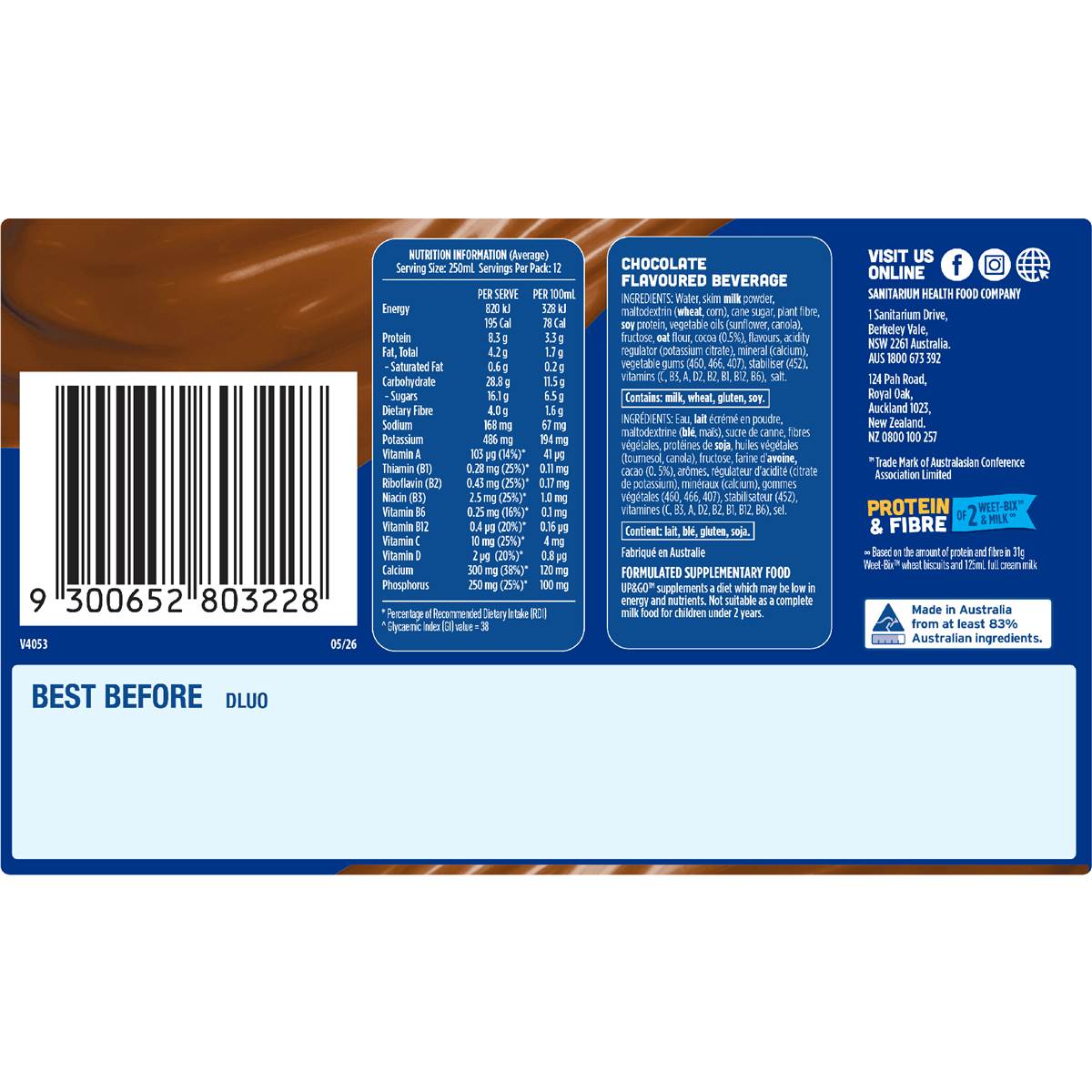 Up&Go Liquid Breakfast Choc Ice 250mL x 12 pack