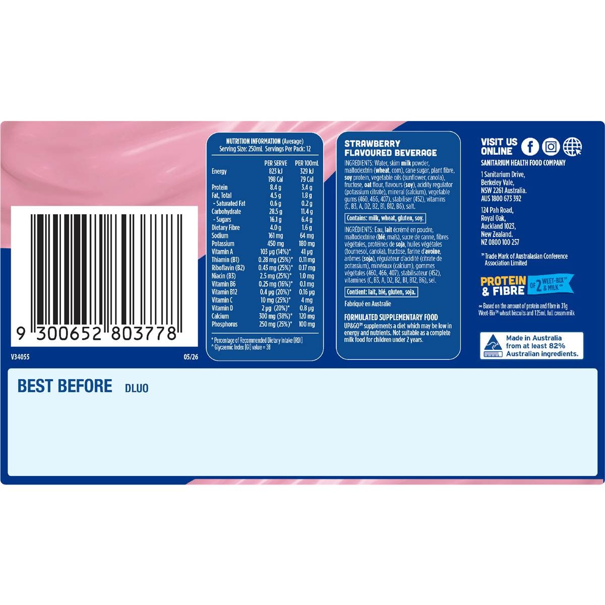 Up&Go Liquid Breakfast Strawberry 250mL x 12 pack
