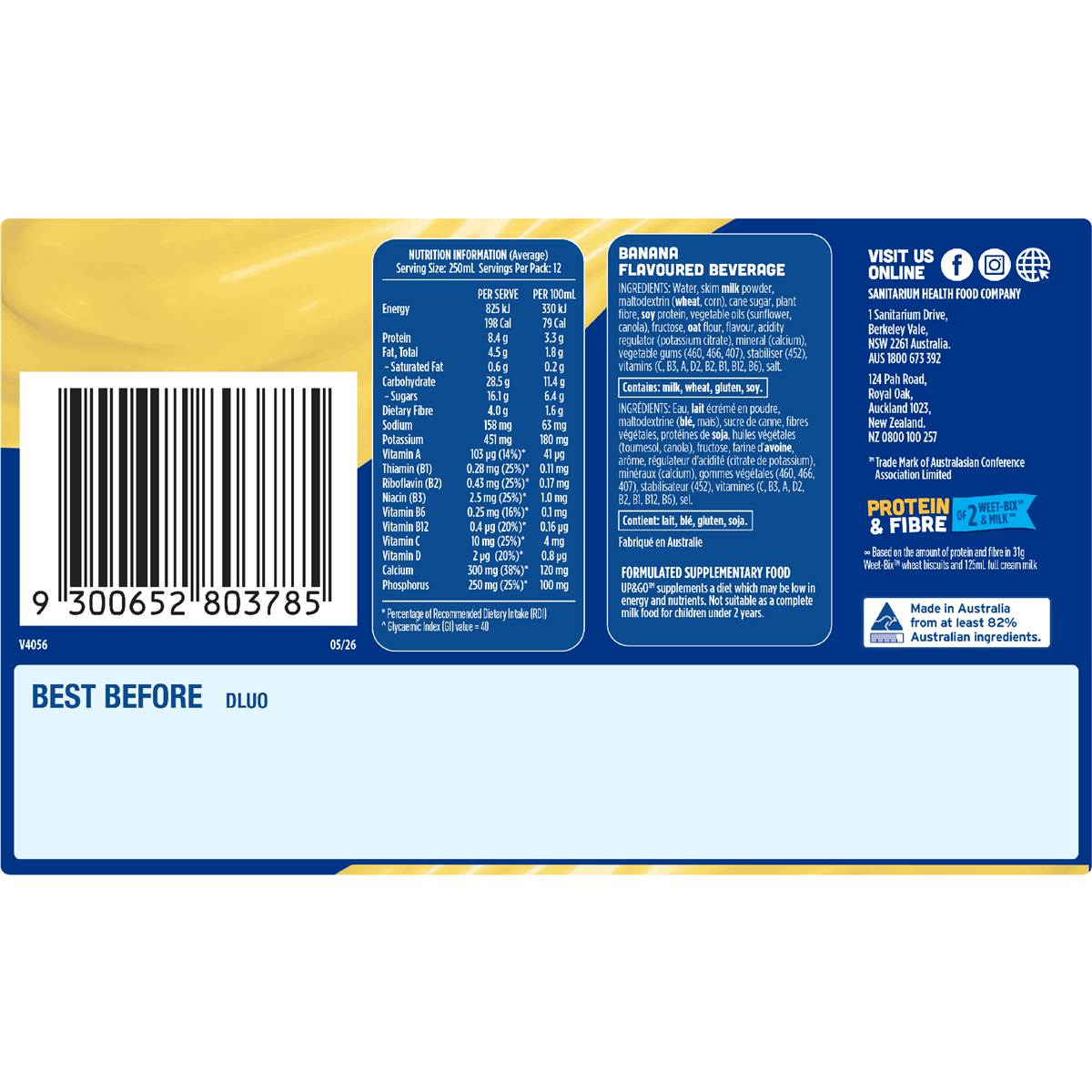 Up&Go Liquid Breakfast Banana 250mL x 12 pack