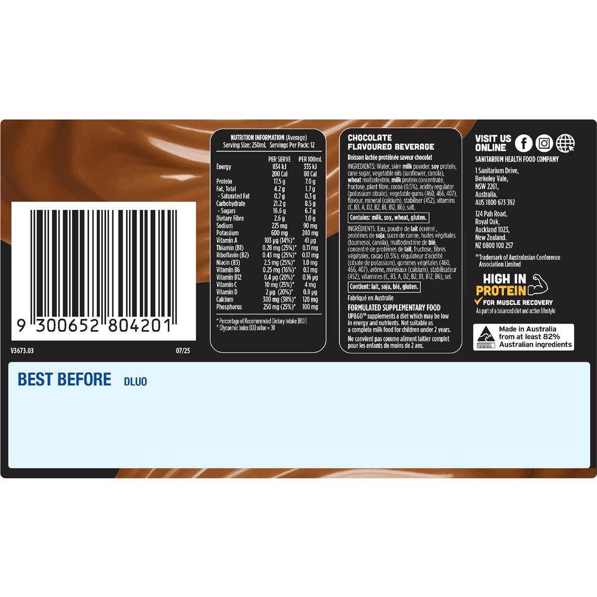 Up&Go Protein Energize Liquid Breakfast Choc 250mL x 12 pack