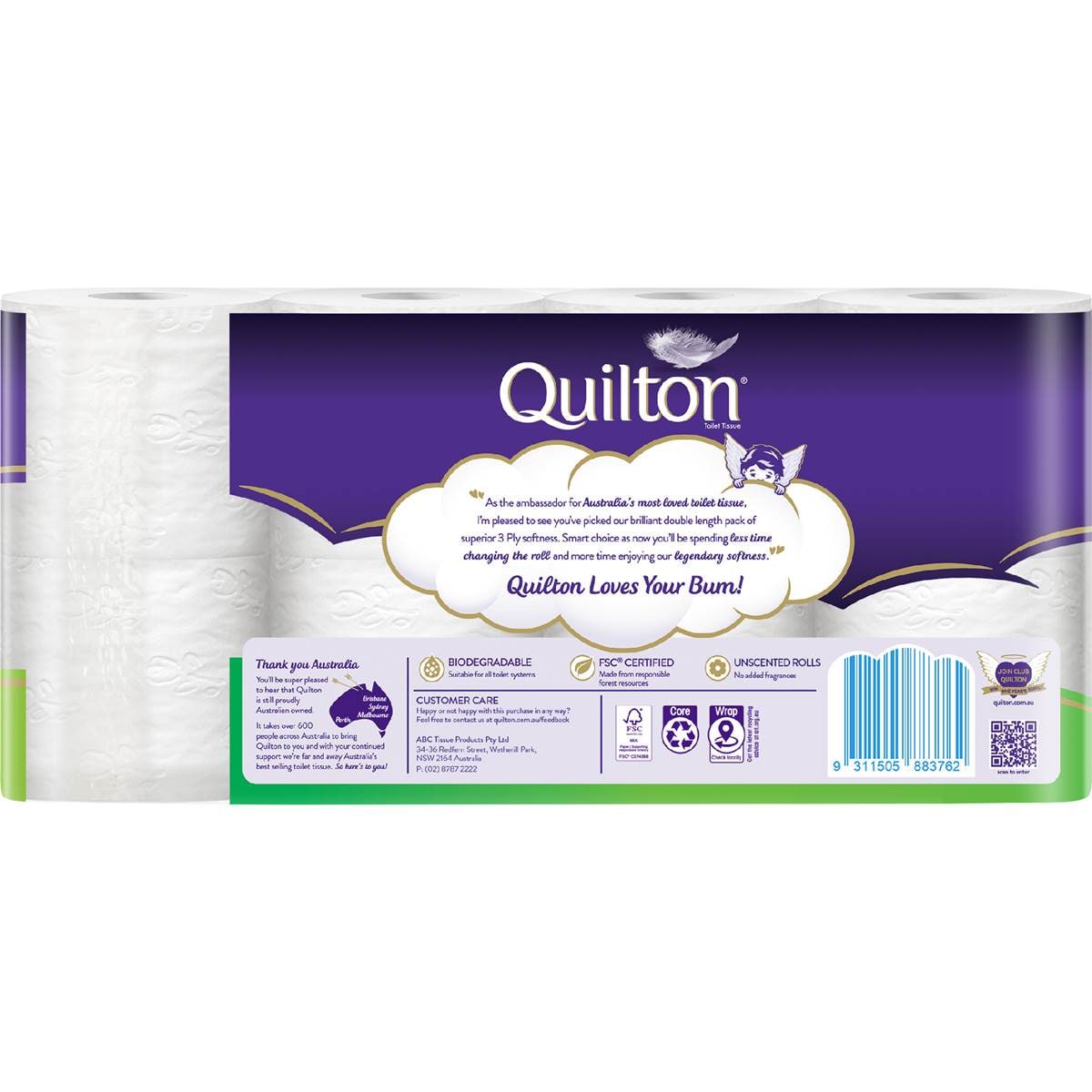 Quilton Double Length White 3 Ply Toilet Paper 8 pack