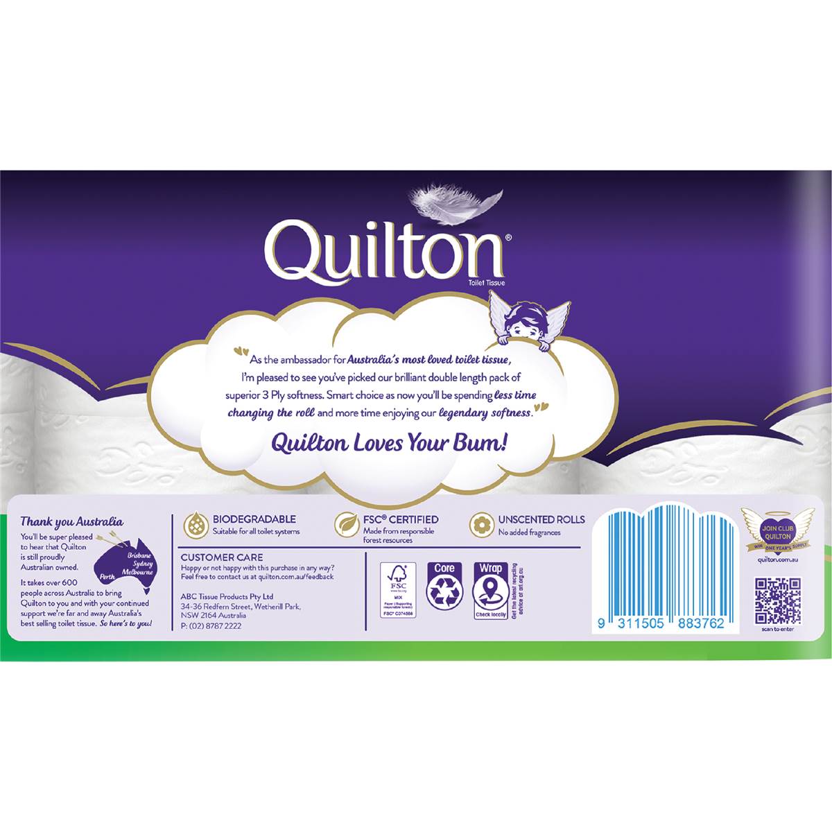 Quilton Double Length White 3 Ply Toilet Paper 8 pack