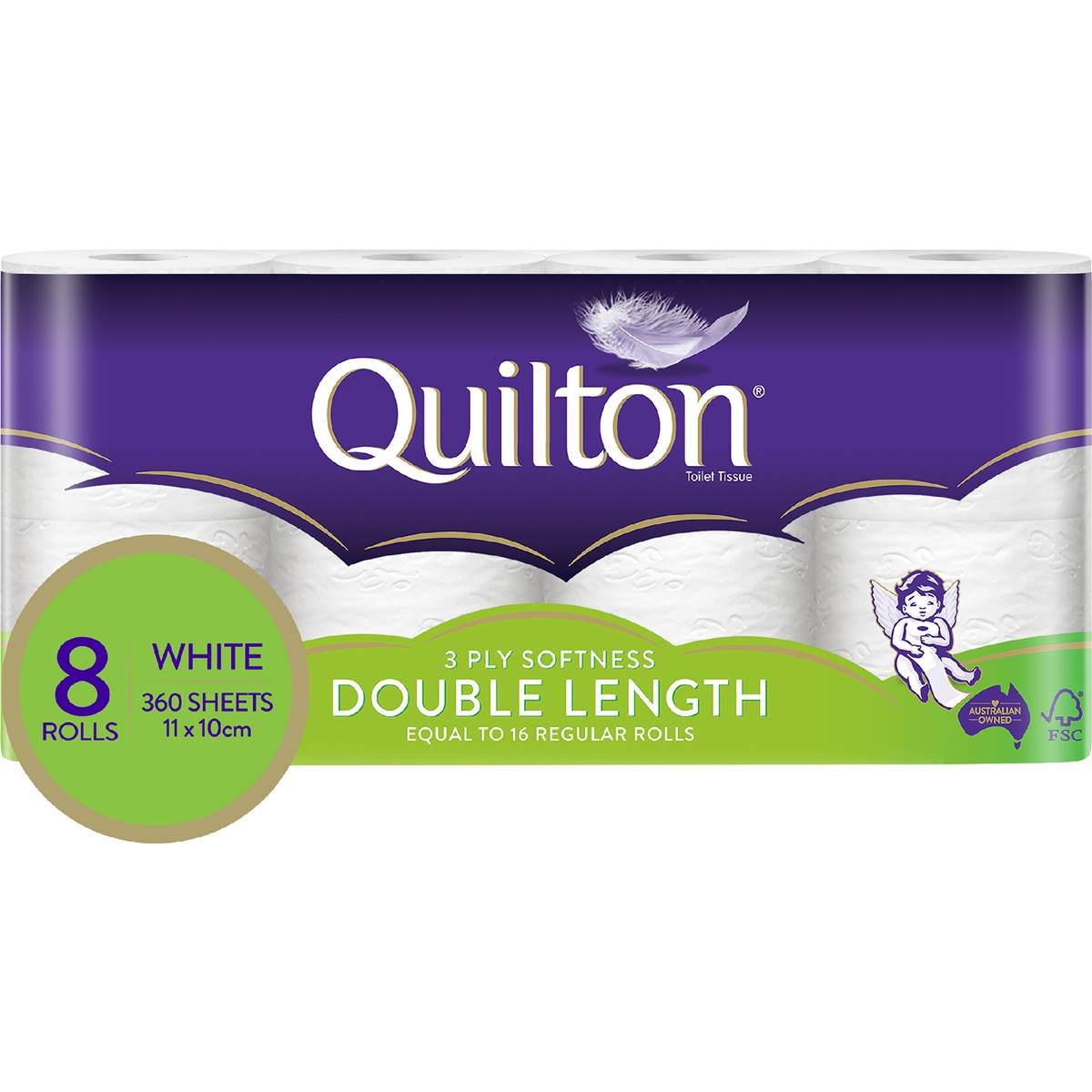 Quilton Double Length White 3 Ply Toilet Paper 8 pack