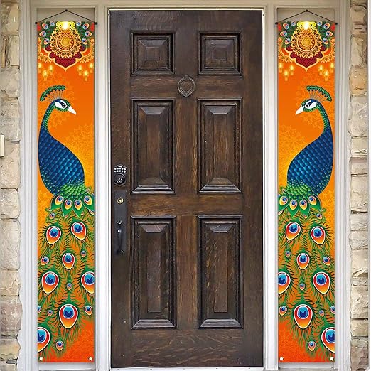 Diwali Porch Banner Set – Peacock Design Polyester Wall Hanging for Front Door & Home Décor