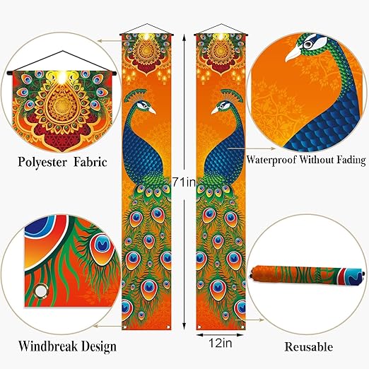 Diwali Porch Banner Set – Peacock Design Polyester Wall Hanging for Front Door & Home Décor