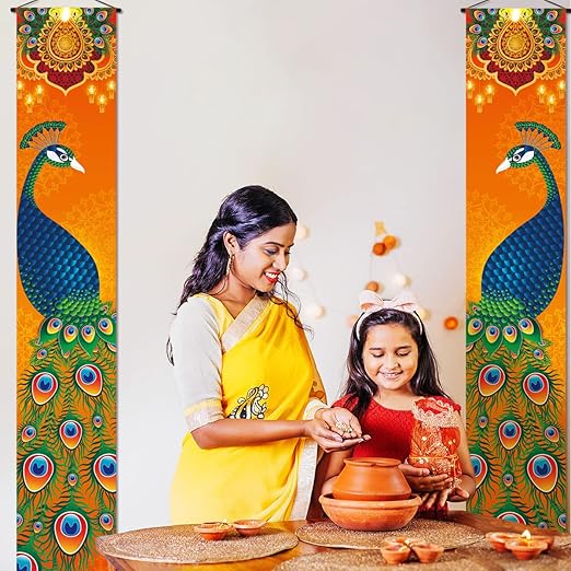 Diwali Porch Banner Set – Peacock Design Polyester Wall Hanging for Front Door & Home Décor